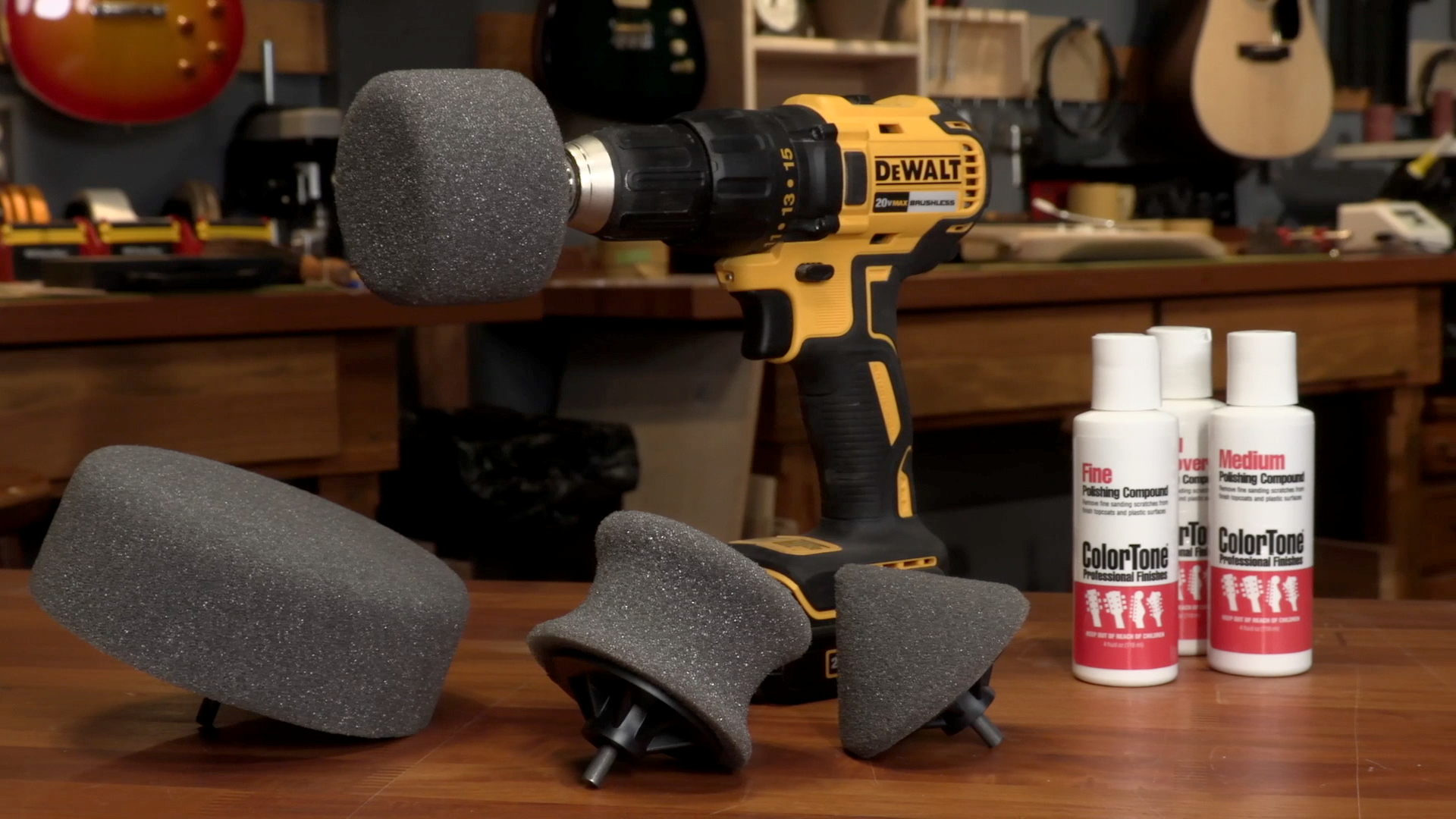 Drill buff with polishing compounds
