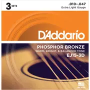 Cuerdas para guitarra acústica D'Addario Phosphor Bronze Wound, paquete de 3, extraligeras (EJ15 a 3D)