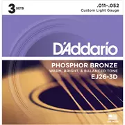 Cuerdas de guitarra acústica para heridas D'Addario Phosphor Bronze, paquete de 3, luz personalizada (EJ26 a 3D)