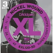 Cuerdas para guitarra eléctrica D'Addario XL Nickel Wound, paquete de 3, superligeras (EXL120 a 3D)