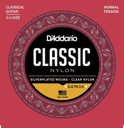 Cuerdas de guitarra clásica para estudiantes de escala fraccional D'Addario, tensión normal, escala 3/4 (EJ27N  3/4)