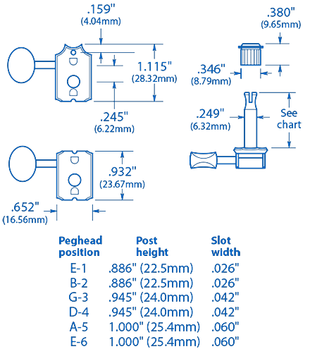 Clavijas de afinación Gotoh de altura escalonada, 6 en línea