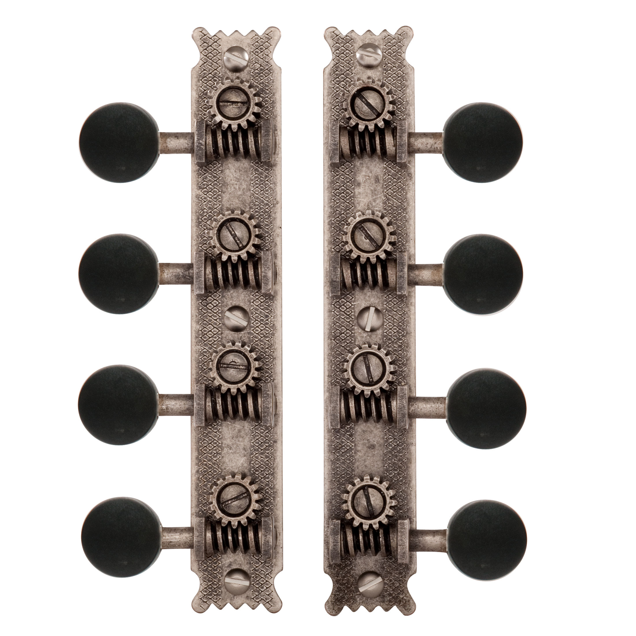 Golden Age Restoration Tuners for A-style Mandolin, Relic nickel, black knobs