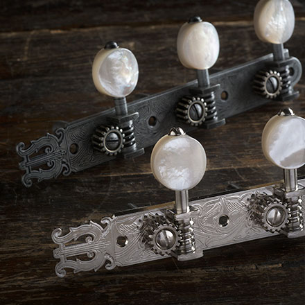 Golden Age Sintonizadores de guitarra de restauración 1919 con perillas de nácar para cabezas de estribo