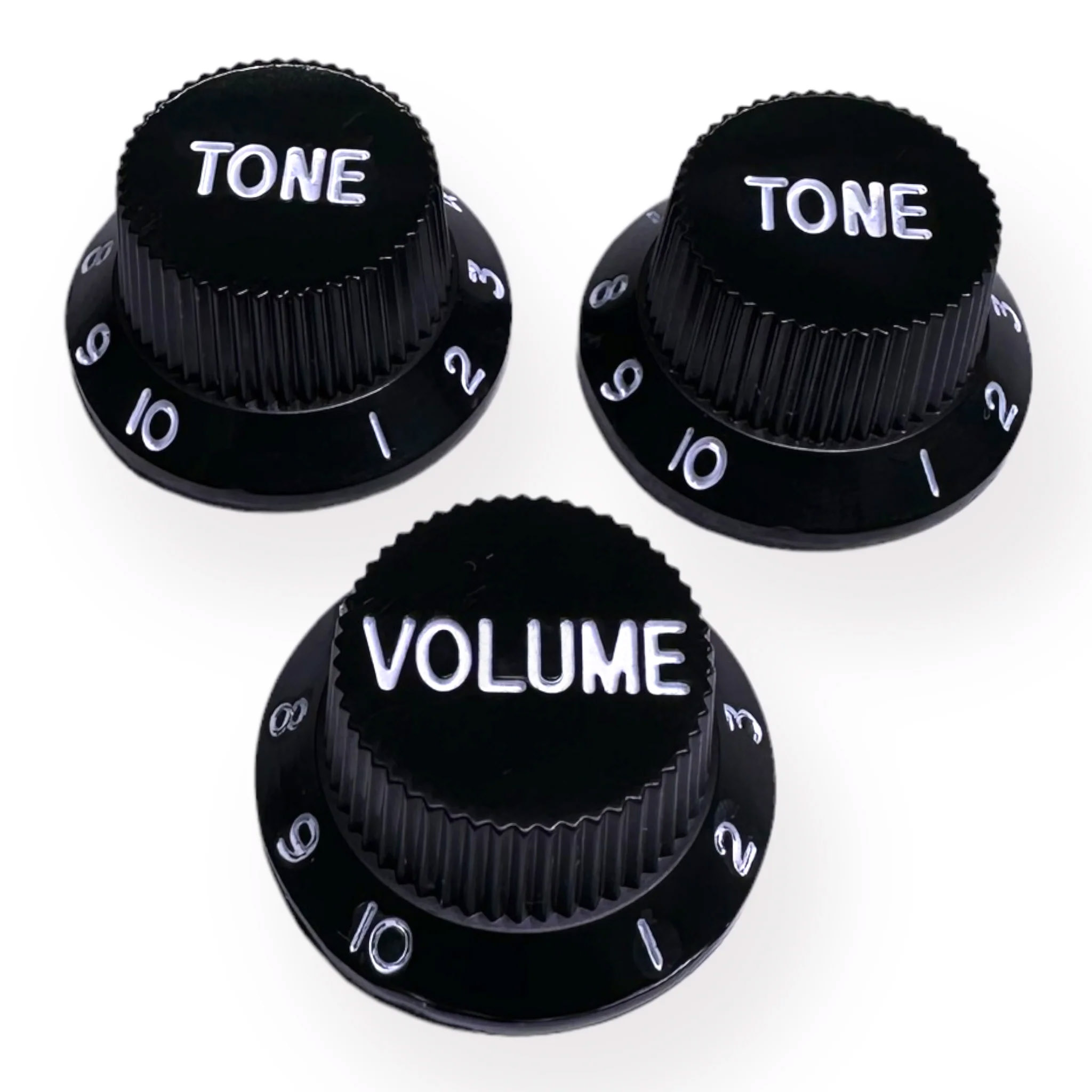 StewMac Volume + Tone Knobs for Strat - Set of 3, Black with White Type