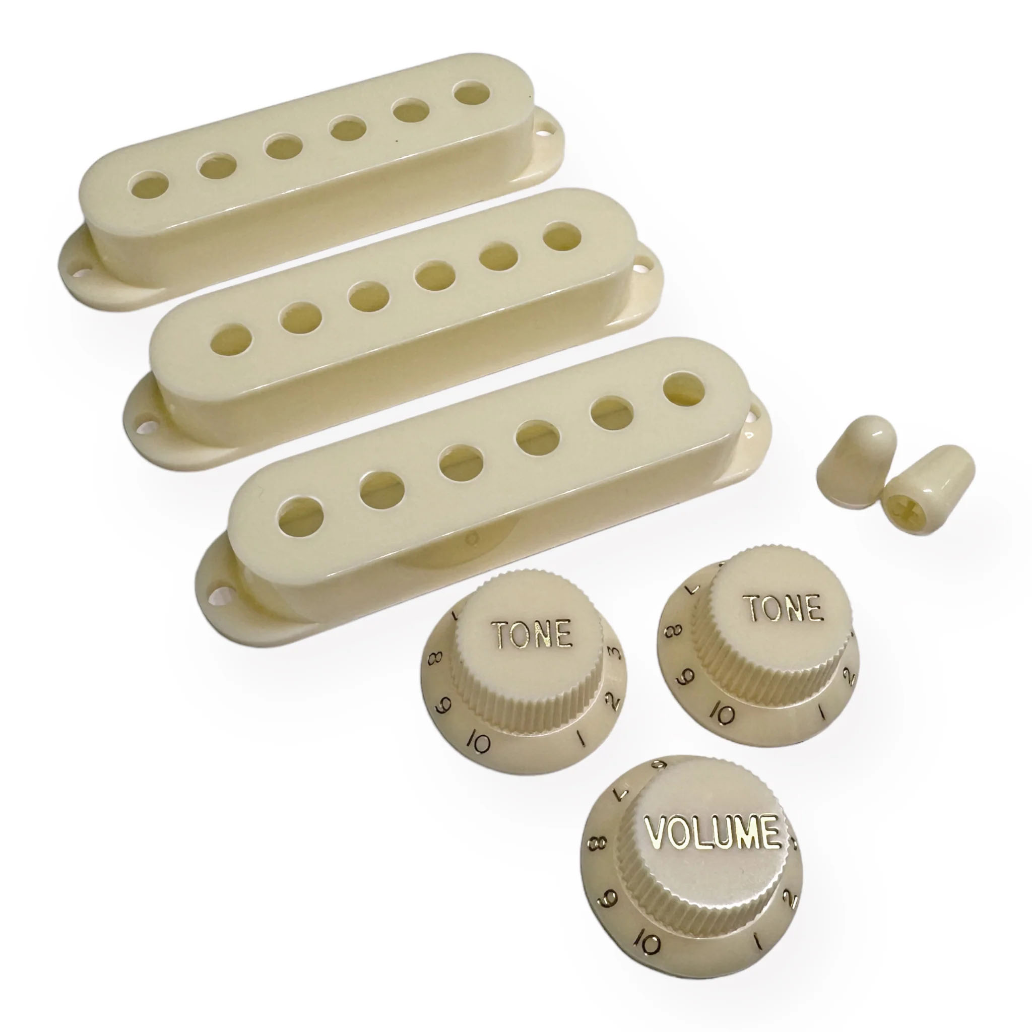  StewMac Knobs + Pickup Cover Set with Modern Spacing, Parchment with Gold Type
