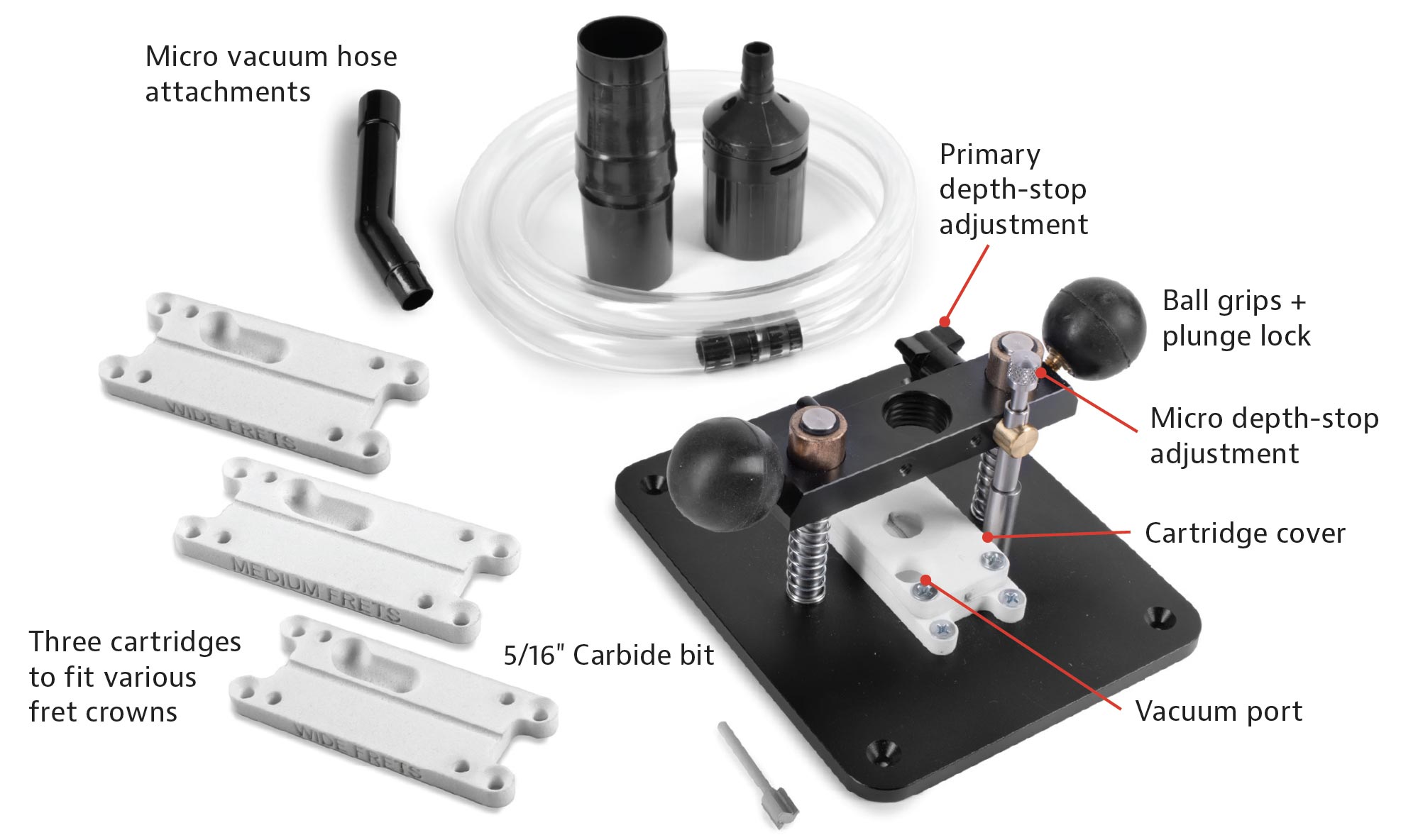 Herramientas de Fret Tang Reducer con leyendas explicativas.