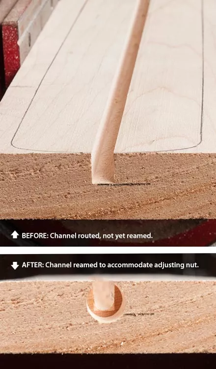 Canal y orificio de la varilla de cercha para el ajuste de la tuerca escariada